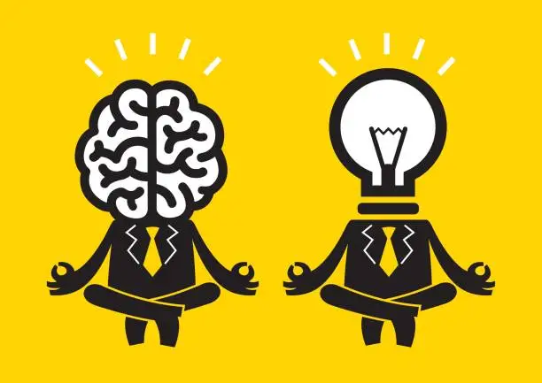 Vector illustration of Business Meditation Duo (Mr Brain & Bulb/Idea) | Yellow Business Concept