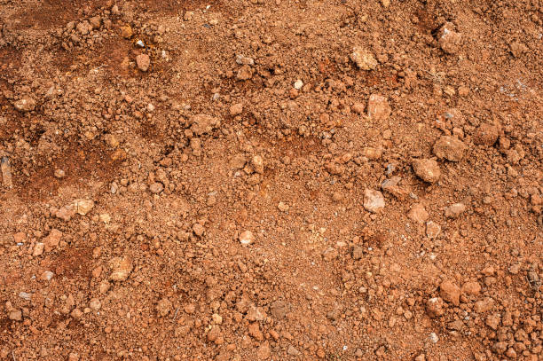 Tropical laterite soil or red earth background. Red mars seamless sand background. Top view stock photo