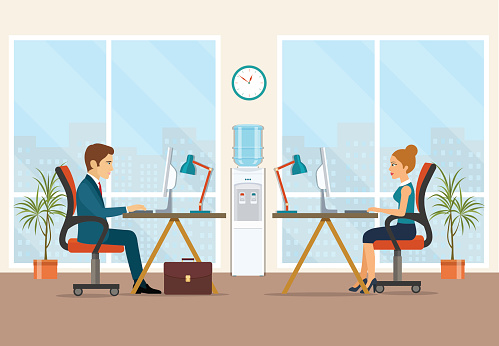 Office workers sitting at the table. Office workplace with table, bookcase, window. Flat vector illustration.