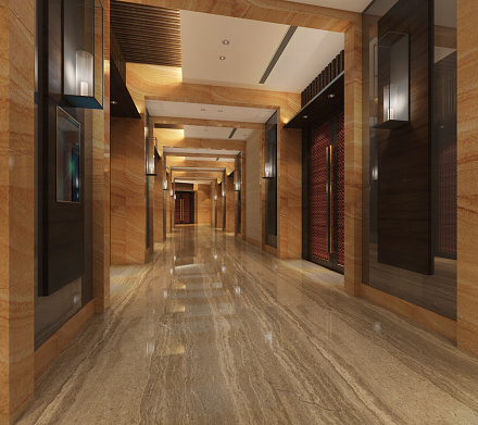 3d illustration of modern hotel corridor interior