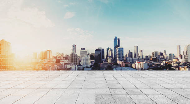 istock Panoramic Bangkok cityscape in sunrise with concrete floor 690823890