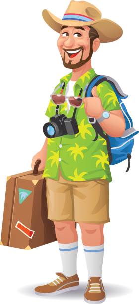 バカンスに行く若い男 - travel suitcase hawaiian shirt people traveling点のイラスト素材／クリップアート素材／マンガ素材／アイコン素材