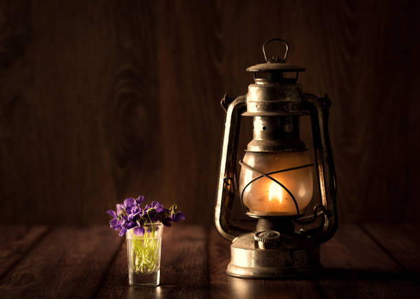 istock Spring concept with violet and oil lamp on wooden table 690829382