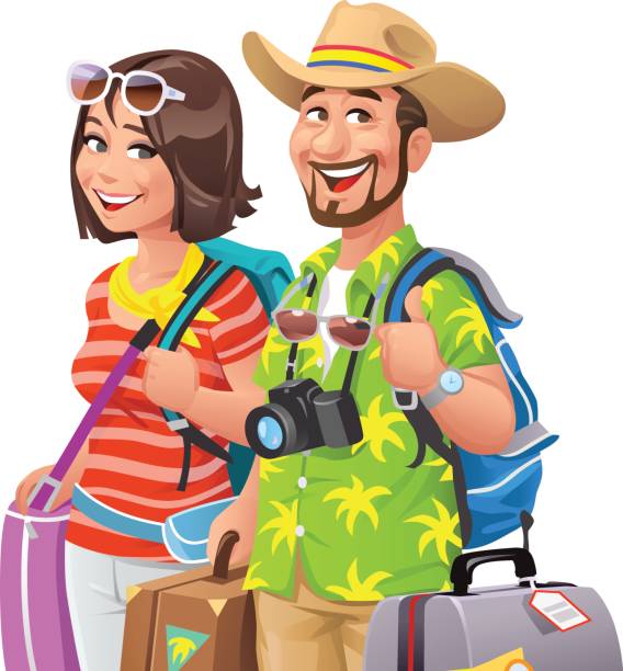 illustrations, cliparts, dessins animés et icônes de couple en vacances - travel suitcase hawaiian shirt people traveling