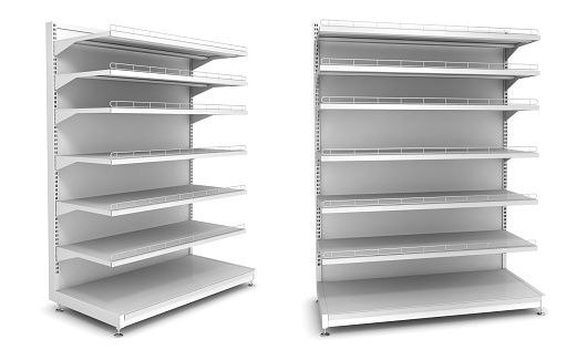 Shelf supermarket section. 3d image isolated on white.