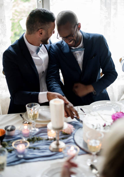 istock Gay Couple Cutting Cake Together on Wedding Reception 690842230