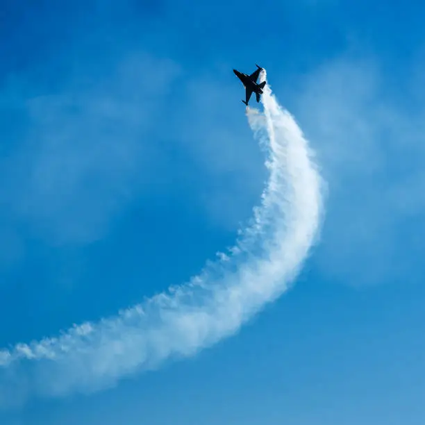 Fighter Jets performing air show, low angle view, Blue sky, Copyspace