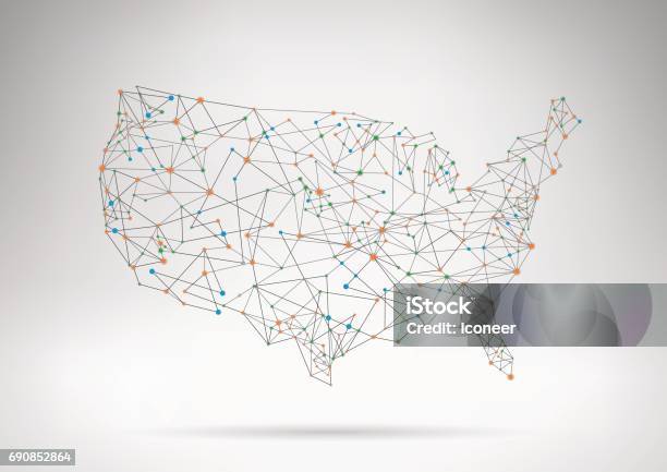 Usa Network Map On Grey Background Stock Illustration - Download Image Now - Map, USA, Grid Pattern