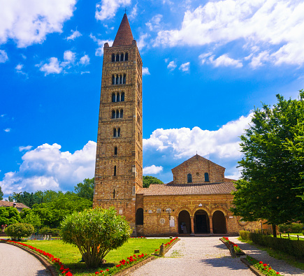 Pomposa Abbey, benedictine monastery medieval church and campanile tower. Codigoro Ferrara, Emilia Romagna, Italy Europe.
