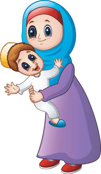 illustrazioni stock, clip art, cartoni animati e icone di tendenza di cartone animato mamma musulmana che porta suo figlio - saudi arabia child ramadan offspring