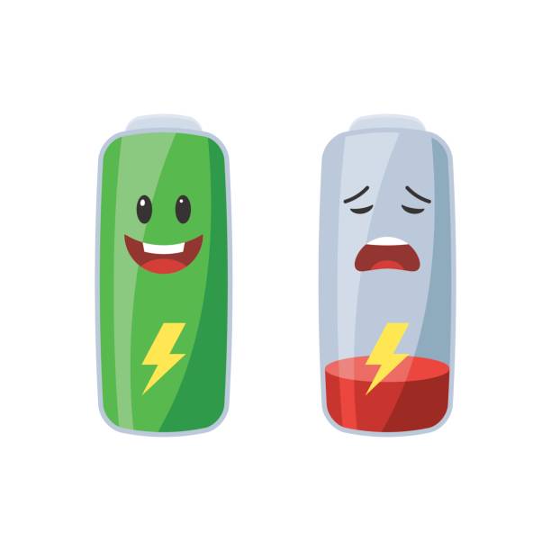 illustrazioni stock, clip art, cartoni animati e icone di tendenza di batteria piena e scarica - batteria fornitura di energia