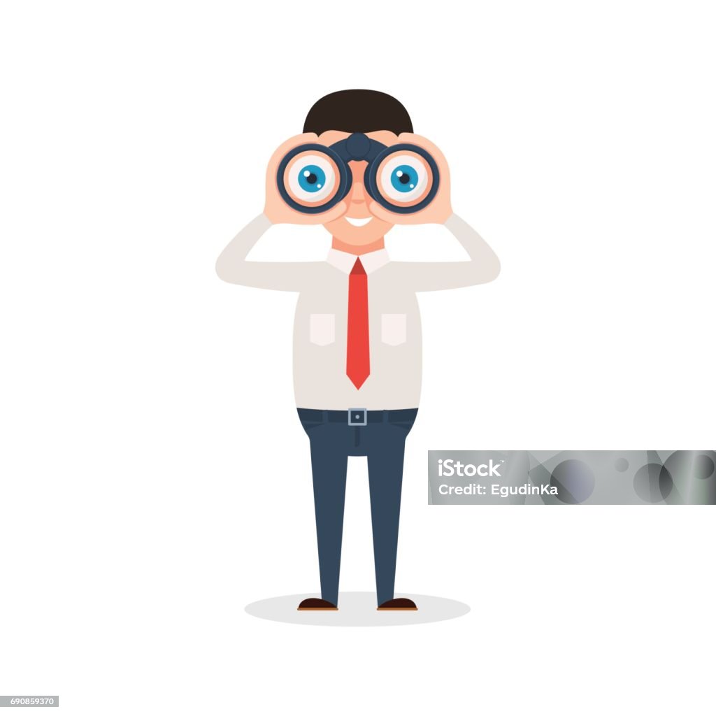 Man looking through binoculars Man looking through binoculars and smiling. Vector illustration in cartoon style isolated on white background Binoculars stock vector