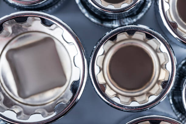 istock Metal wrench sockets flatlay top view background. 690862000