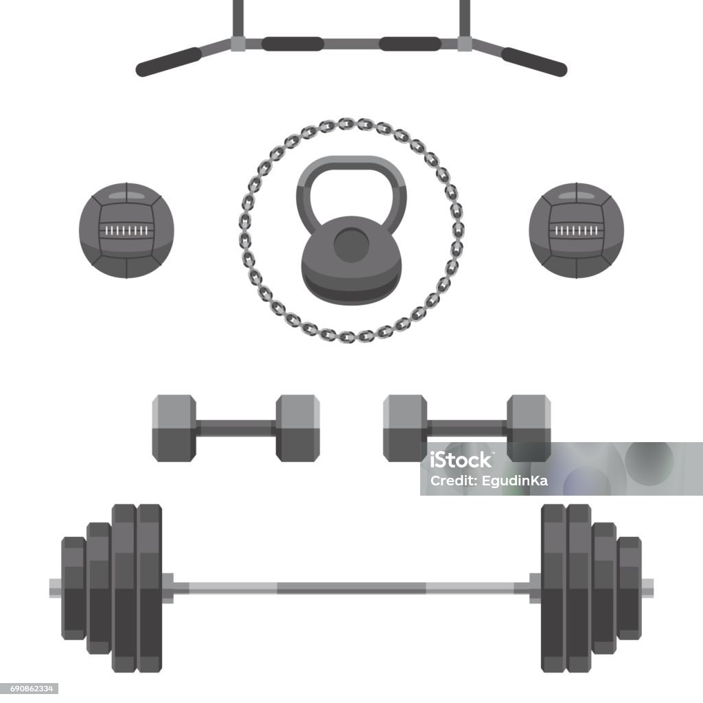 Set of equipment for GYM Set of equipment for GYM: kettlebell, barbell, weights, heavy balls, chain, horizontal bar. Workout icons. Vector illustration in flat style isolated on white background Dumbbell stock vector