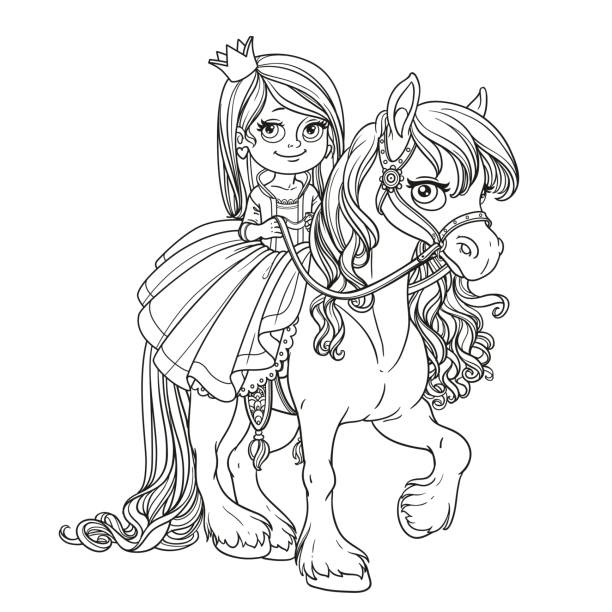ilustrações, clipart, desenhos animados e ícones de equitação pequena bonita da princesa no cavalo esboçado para colorir - children only child cartoon little girls