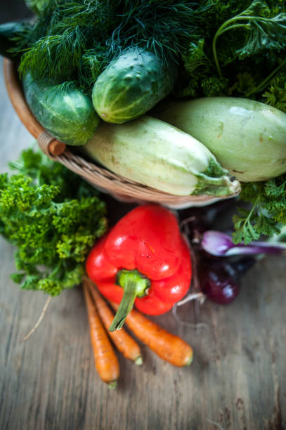 istock Fresh vegetables in a basket. Courgettes, cucumbers, carrots, onions, dill, parsley 690872020