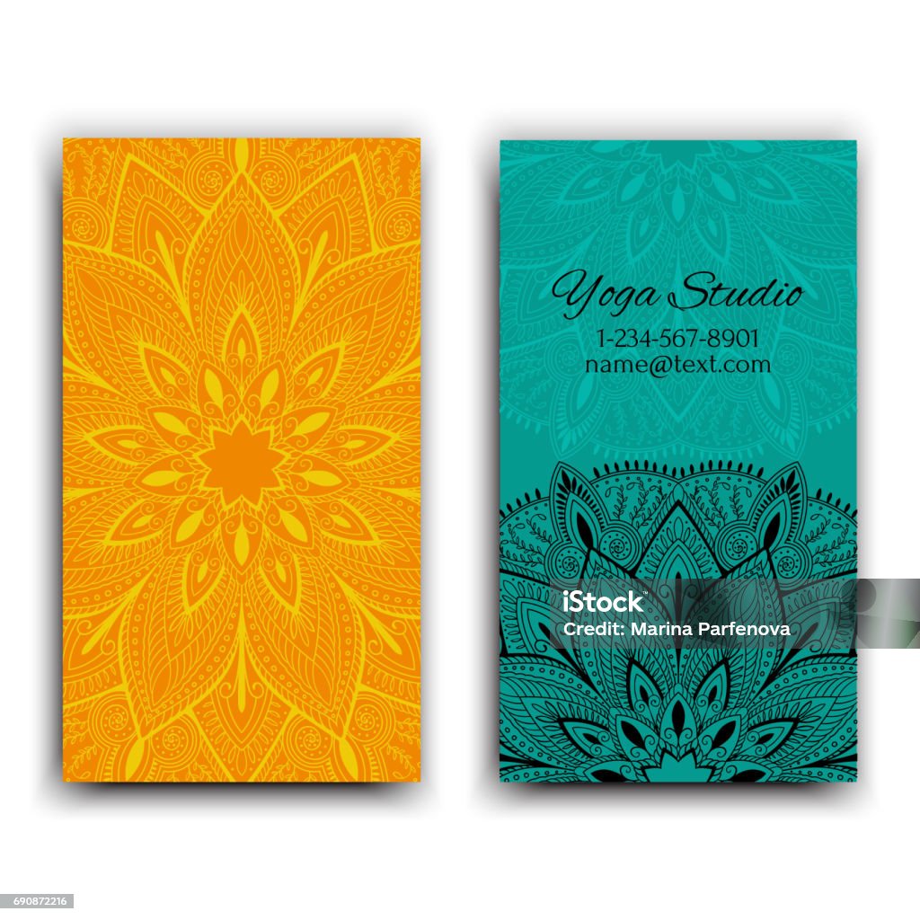 Cards template for yoga studio. Isolated vector editable pattern with mandala on front and back side of flyer. Cards template for yoga studio. Isolated vector editable pattern with mandala on front and back side cards or flyer. Poster stock vector