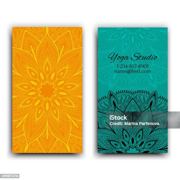 Cards Template For Yoga Studio Isolated Vector Editable Pattern With Mandala On Front And Back Side Of Flyer Stock Illustration - Download Image Now
