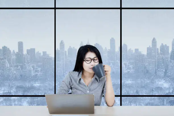 Young businesswoman using a laptop while drinking coffee in the office with winter background on the window