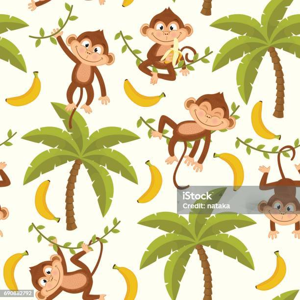 Seamless Pattern With Monkey On Palm Tree Stock Illustration - Download Image Now - Monkey, Banana, Tree