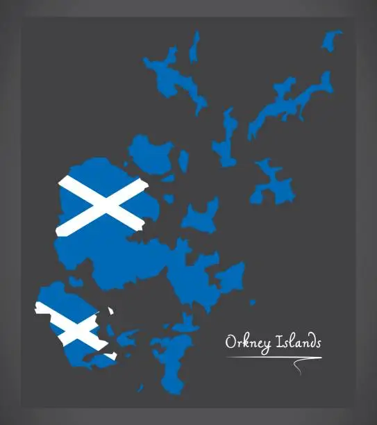 Vector illustration of Orkney Islands map with Scottish national flag illustration