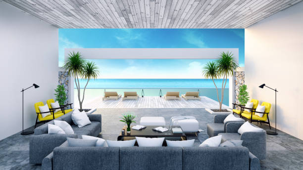 istock modern room interior  near beach with  sky and sea view /3d render 690890746