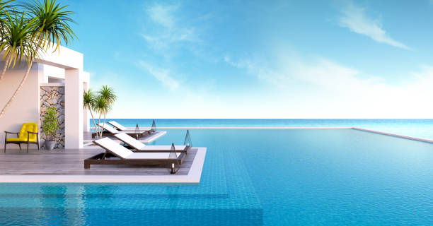 istock Beach lounge ,sun loungers on Sunbathing deck and private swimming pool with  panoramic sea view at luxury villa/3d rendering 690890812