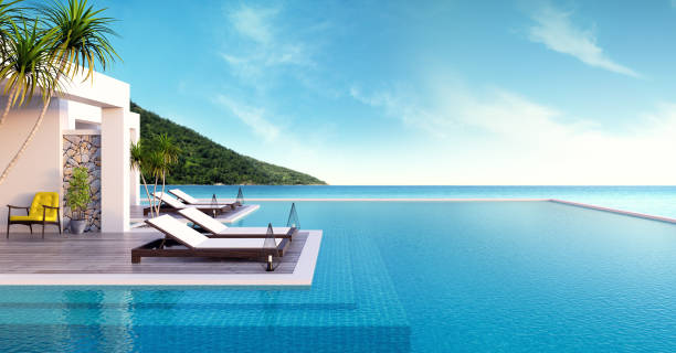 istock Beach lounge ,sun loungers on Sunbathing deck and private swimming pool with  panoramic sea view at luxury villa/3d rendering 690890888