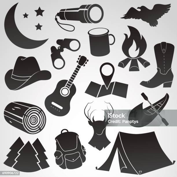 Camping Folk Summer Vector Icon Set Stock Illustration - Download Image Now - Camping, Canoe, Cut Out