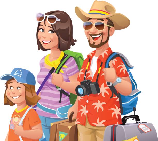 illustrations, cliparts, dessins animés et icônes de jeune famille partir en vacances - travel suitcase hawaiian shirt people traveling