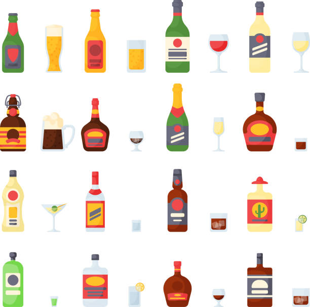 ilustrações de stock, clip art, desenhos animados e ícones de alcohol drinks in bottles cocktail glasses whiskey cognac brandy beer champagne wine vector collection - whisky liqueur glass alcohol bottle