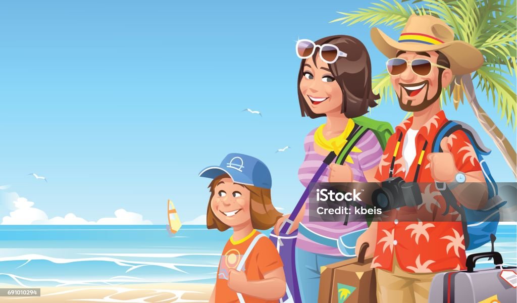 Family Vacation At The Beach Vector illustration of a happy family, two parents and their little daughter, going on vacation on a tropical beach. They have just arrived and are carrying bags and suitcases. Concept for tourism, family and summer vacations. Vacations stock vector