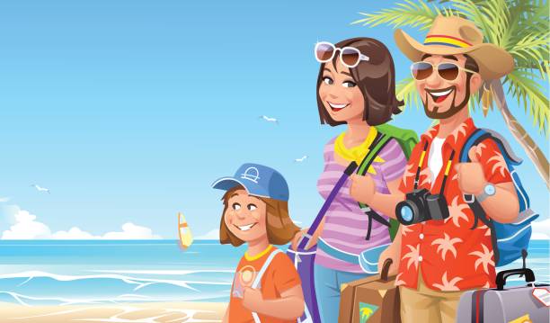 Family Vacation At The Beach Vector illustration of a happy family, two parents and their little daughter, going on vacation on a tropical beach. They have just arrived and are carrying bags and suitcases. Concept for tourism, family and summer vacations. family vacation stock illustrations