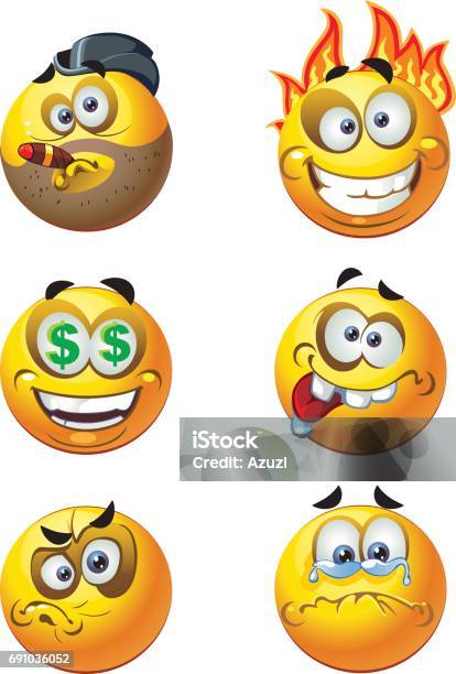 Set Of Batch Vector Round Smiles Emotion Crazy And Money Stock Illustration - Download Image Now