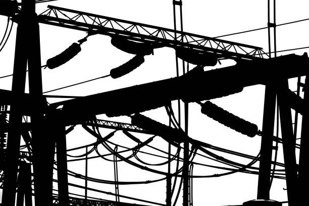 Isolated silhouettes of substation equipment on a white background
