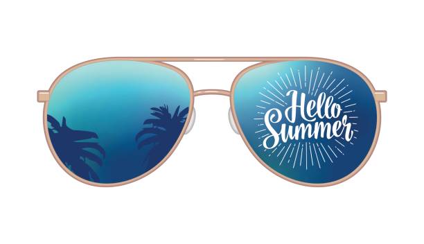 안녕하세요 여름 레터링 손바닥 반사와 비행의 현대적인 선글라스 - 조종사 안경 stock illustrations