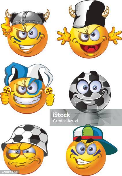 Set Of Batch Football Round Smiles Stock Illustration - Download Image Now - Blue, Caricature, Characters