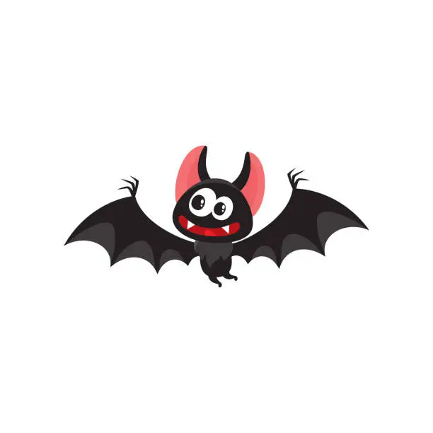 Vector illustration of Flying crazy vampire bat, traditional Halloween symbol, cartoon vector illustration