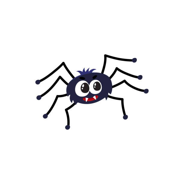 nette, lustige schwarze spinne, traditionelles halloween-symbol, cartoon-vektor-illustration - spider stock-grafiken, -clipart, -cartoons und -symbole