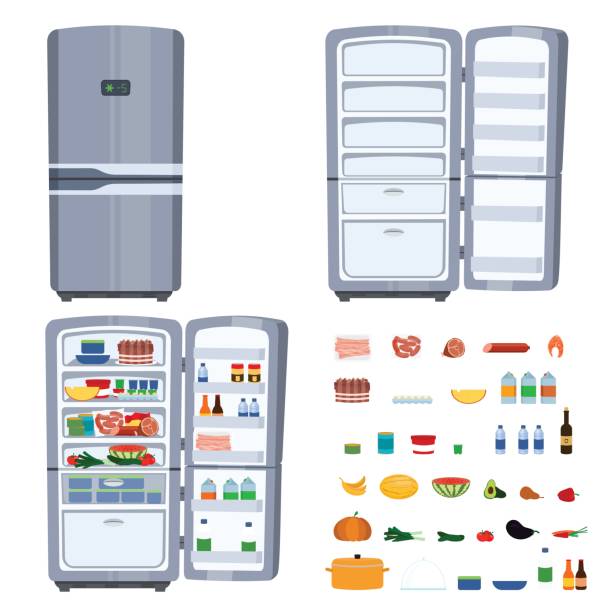 illustrazioni stock, clip art, cartoni animati e icone di tendenza di frigorifero chiuso e aperto con cibo isolato su sfondo bianco - frigorifero