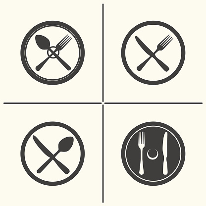 Plate, fork, knife and spoon icons. Vector cutlery flat icon set