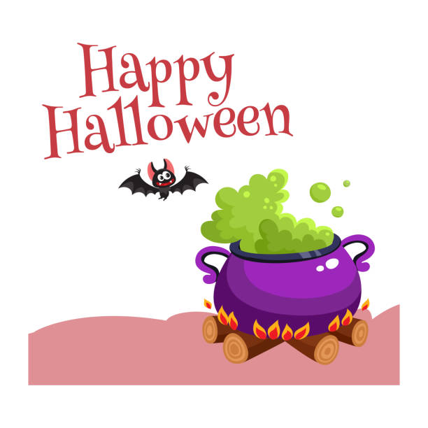 ilustraciones, imágenes clip art, dibujos animados e iconos de stock de tarjeta de felicitación del feliz halloween, cartel, diseño de banner con bate, caldero - witch halloween cauldron bat