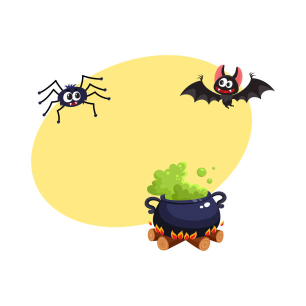 ilustraciones, imágenes clip art, dibujos animados e iconos de stock de caldero, murciélago y la araña, símbolos tradicionales de halloween, elementos - witch halloween cauldron bat