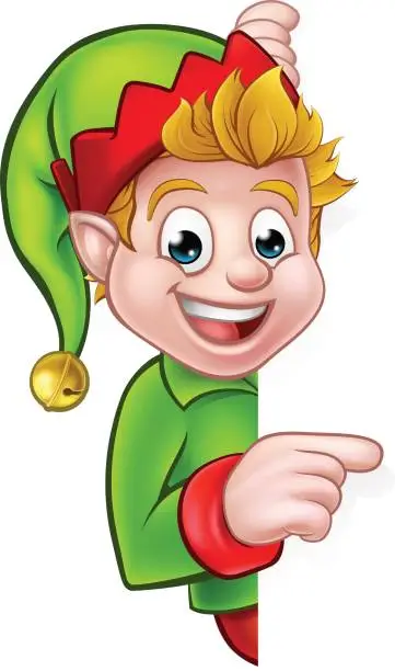 Vector illustration of Pointing Christmas Elf Cartoon Character
