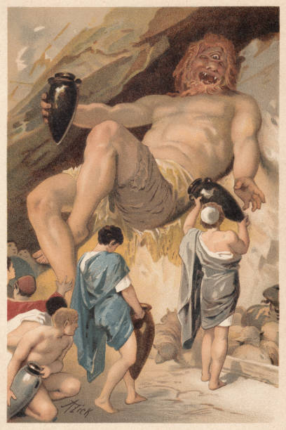 Odysseus makes Polyphemus drunk, Greek Mythology, lithograph, published 1897 Odysseus giving wine to Polyphemus and makes him drunk. Szene from the Greek Mythology. Lithograph after an original by Alexander Zick (German painter, 1845 - 1907), published in 1897. ulysses stock illustrations