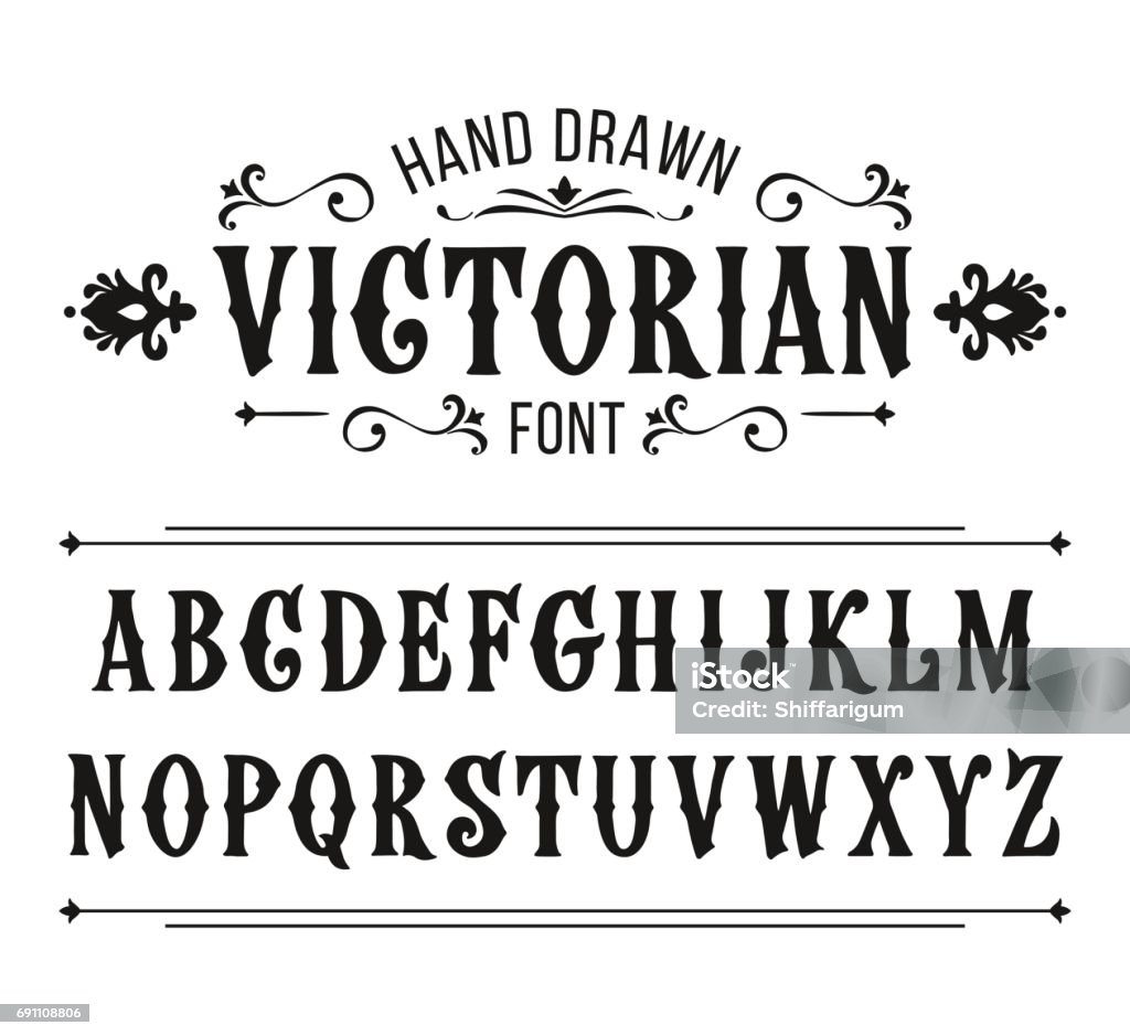 Letras dibujadas de la mano. Alfabeto vectorial en estilo victoriano - arte vectorial de Letra de imprenta libre de derechos