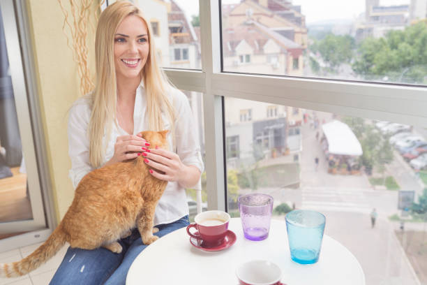 istock Woman with cat at cafe 691113098