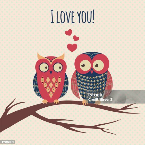 Vector Colorful Illustration With Two Owls In Love Sitting On A Branch Can Be Used For Valentines Day Wedding Stock Illustration - Download Image Now