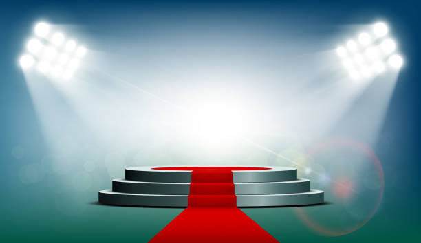 Round podium with a red carpet Round podium with a red carpet is illuminated with spotlights. Exhibition background for presentation and rewarding. Stock vector illustration. red carpet stock illustrations