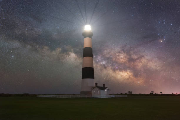 Milky Way Galaxy rising behind Bodie Island Lighthouse Milky Way Galaxy rising behind Bodie Island Lighthouse on a clear night. bodie island stock pictures, royalty-free photos & images
